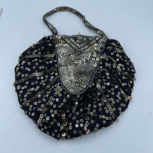 Vintage Black Gold Small Sequined 70's clasp purse - Picture 1 of 13